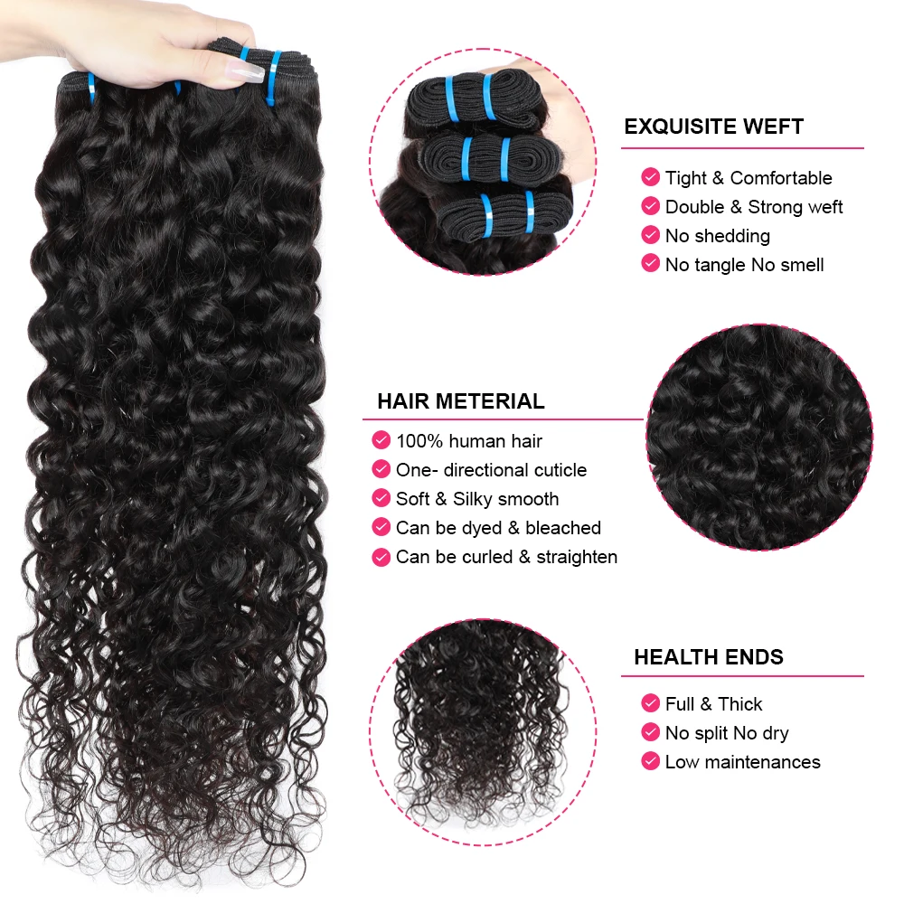 Megeen Brazilian 20 30 Inches Human Hair Extensions Water Wave 1 3 4 Bundles Double Weft Weave Hair For Women Natural Black Remy
