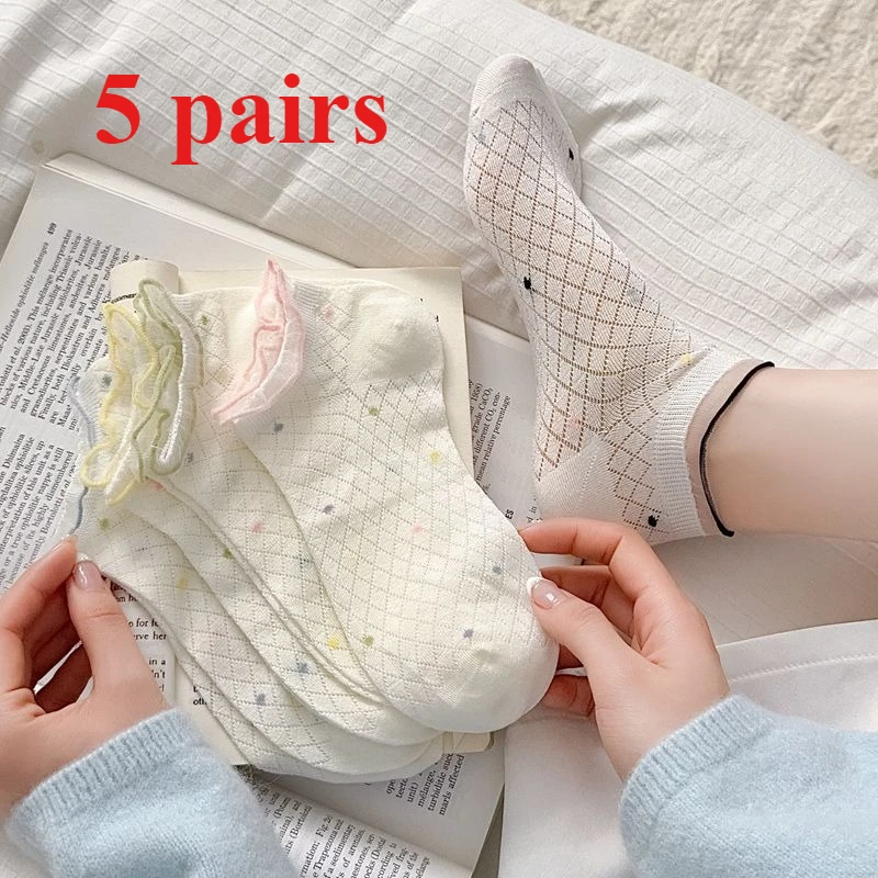 

5 пар женских носков-лодочек, летние тонкие сетчатые дышащие однотонные женские нескользящие невидимые неглубокие низкие носки-трубы
