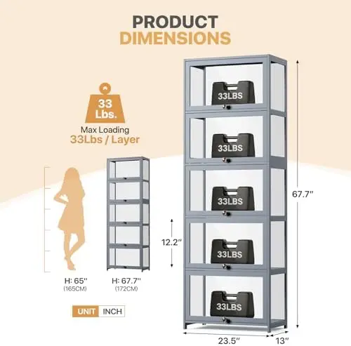 Display Cabinet, 5-Tier Display Case with Acrylic Doors, Large Curio Cabinet for Collectibles, Clear Showcase for