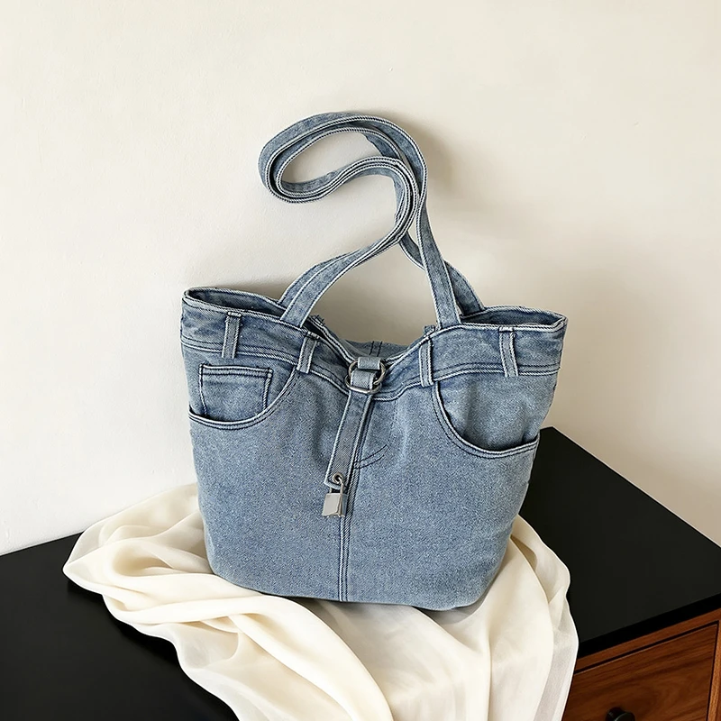 Women Bags Jeans - Bolsa Tote de Jeans Vintage Lavado,