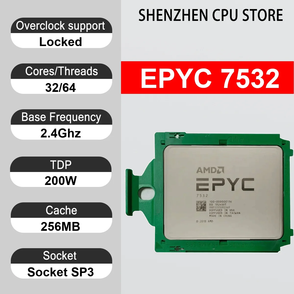 AMD EPYC 7532 32-Core 64-Thread 7NM 2.4Hz/3.3GHz L3=256MB 200W CPU Gaming Processor Socket SP3 DDR4 NEW No Cooler No Fan
