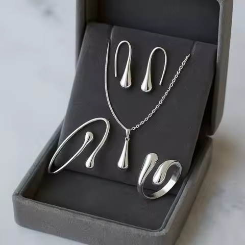 Fashion S925 Sterling Silver Needle Earring Ring Bracelet Set For Women Personality Water Drop Four-piece Jewelry Set Party Gift