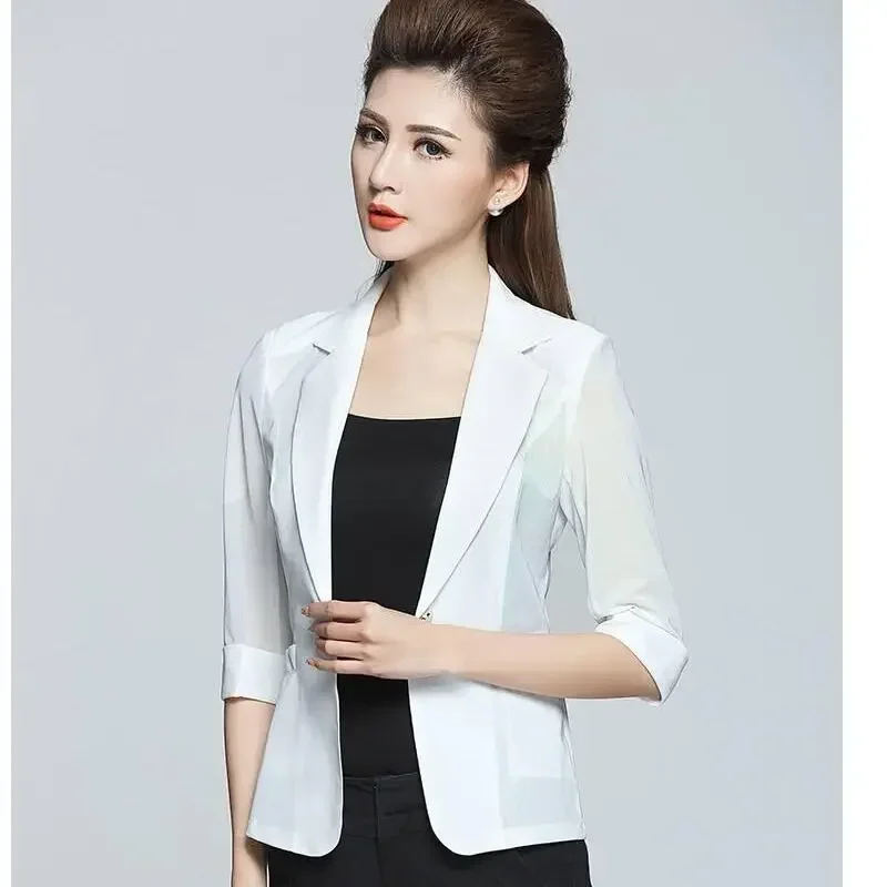 Summer Thin White Blazer Women Seventh Sleeve Mesh Black Suit Jacket Slim Korean Fashion Tops Office Ladies Luxury Coats