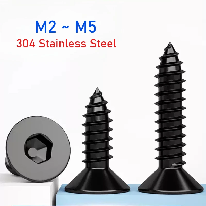 

M2 M2.3 M2.6 M3 M3.5 M4 Black 304 Stainless Steel Flat Countersunk Head Allen Hex Self Tapping Screw Wood Screw