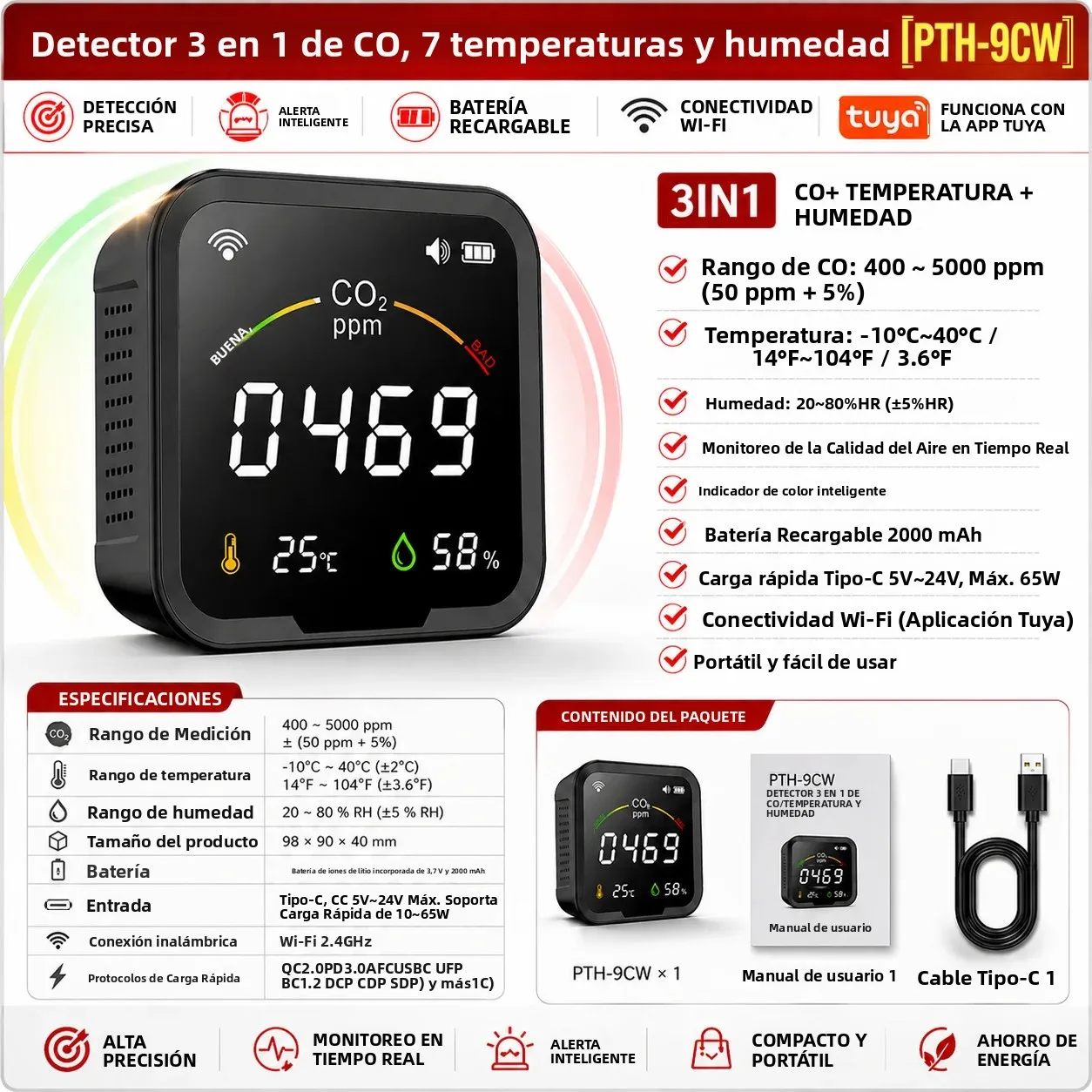 FABISENSE PTH-9CW Tuya Smart WiFi, Monitor de CO2, Temperatura y Humedad, Detector de Dióxido de Carbono, Sensor de CO2 para Invernadero con Indicación Luminosa
