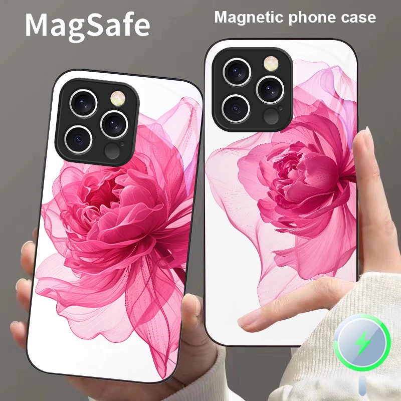 

Pink Cute Rose Blossoms For iPhone 16 15 P ro 14 13 Plus 12 mini 11 Pro Max XR Xs X 7 8 22 16E 16ProMax Magsafe Glass Phone Case