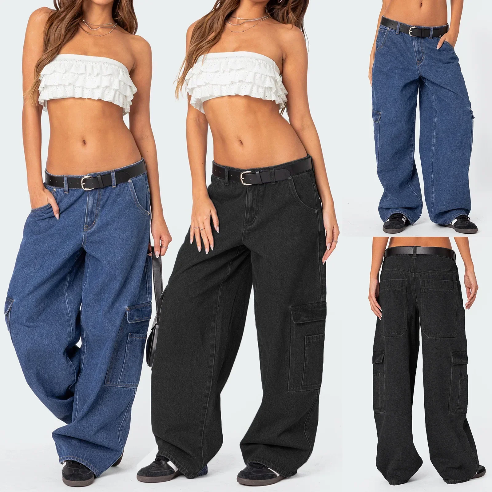 

Cargo Pants Jeans Women 2025 Vintage Denims Multiple Pockets Washed Distressed Wide Leg Trousers Female Streetwear Floor Length