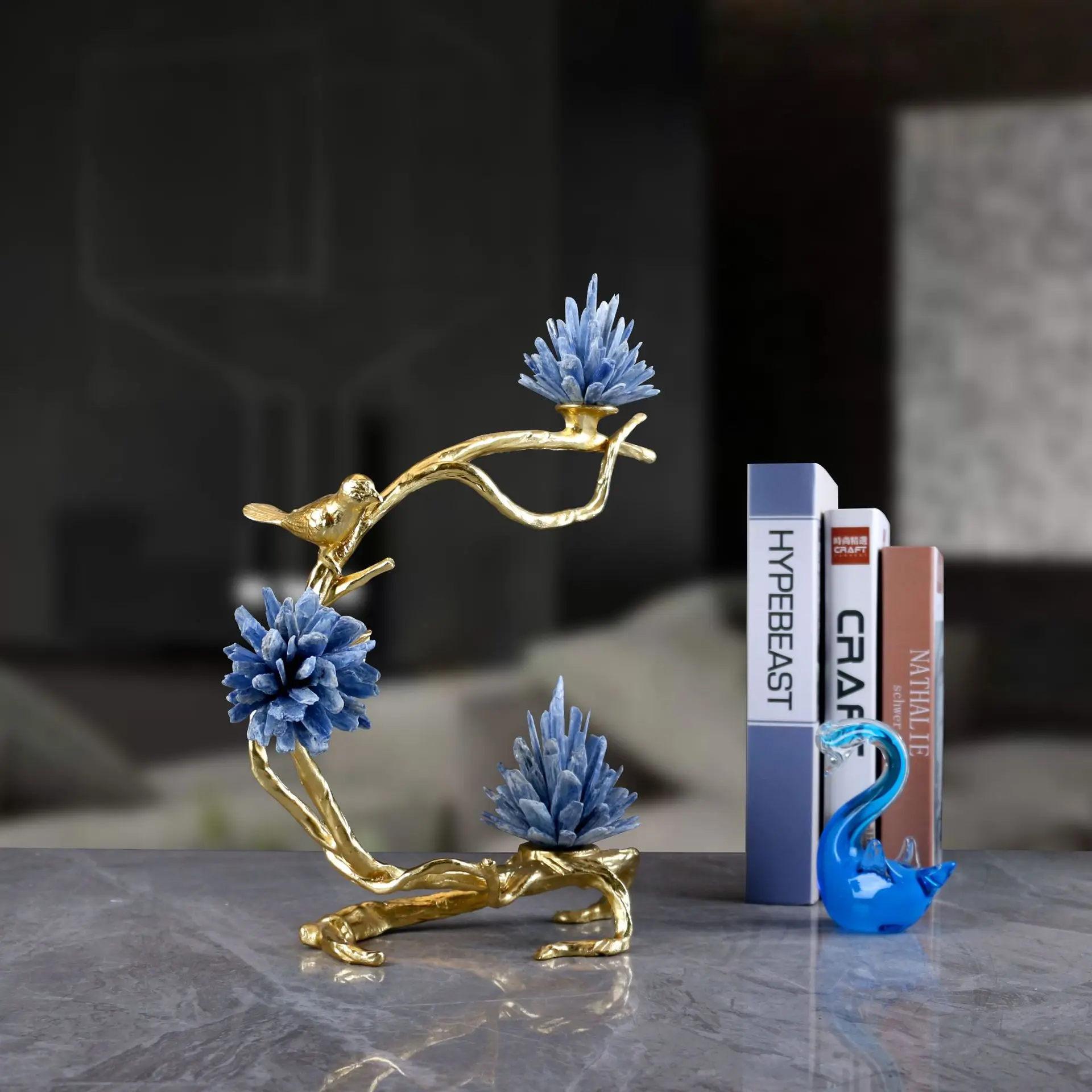 Crystal Sculpture Twig Golden Bird Blue Agate Flowers Metal Handicraft Bough Decorative Figurines Home Decor