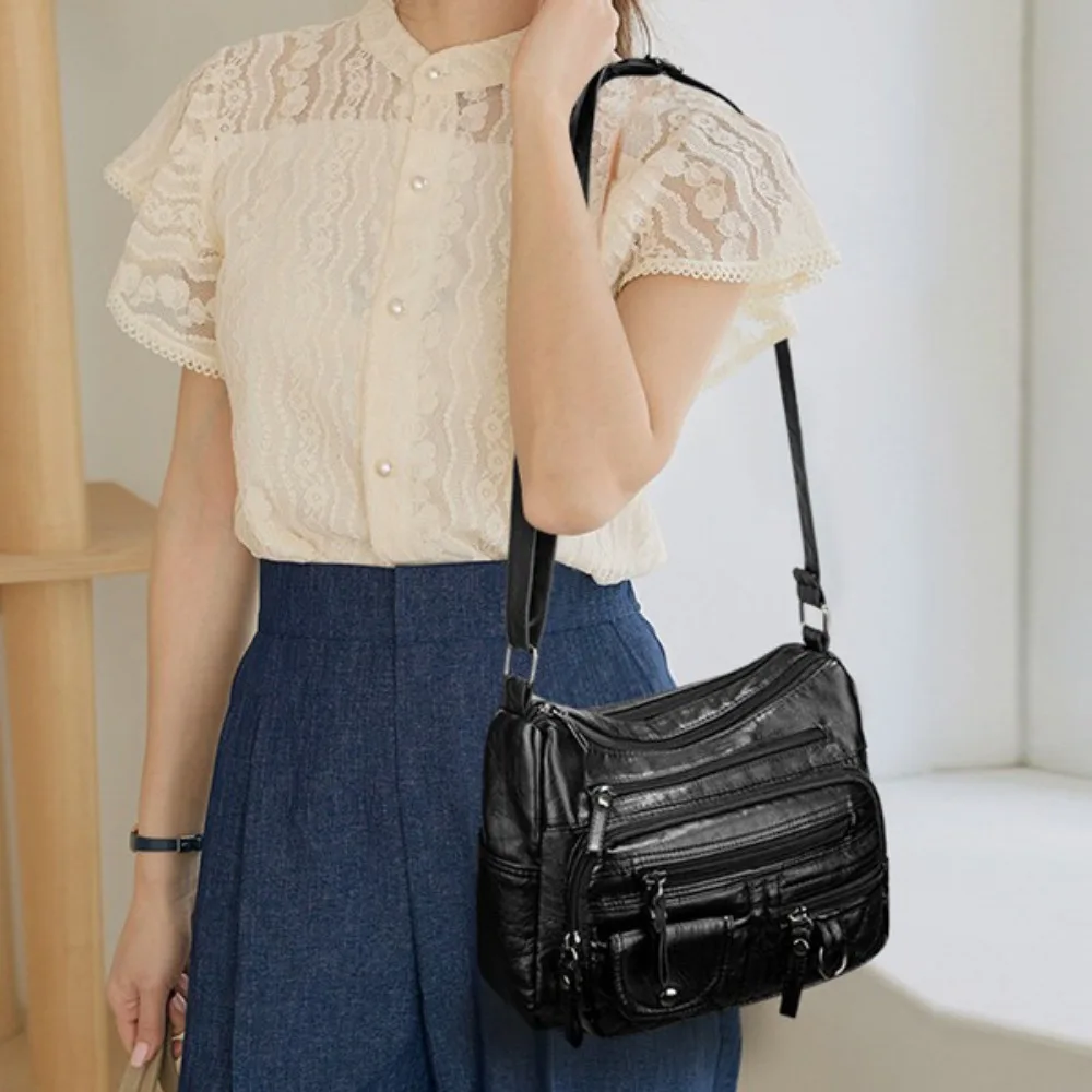 Borsa a tracolla morbida con tasche multiple con zip Borsa a tracolla retrò di grande capacità per mamma Borsa a tracolla per lo shopping in tinta unita impermeabile