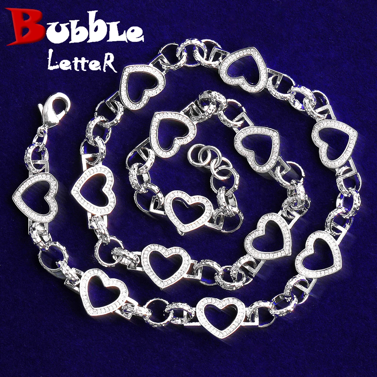 

Bubble Letter Hollow Heart Ring Link Necklace Choker for Women 5A Cubic Zirconia Real Gold Plated Hip Hop Jewelry