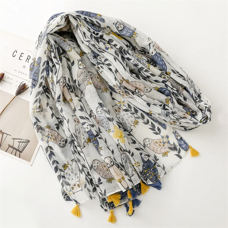 Fresh cartoon scarf with cotton feel scarf branches owl scarf travel sunscreen shawl