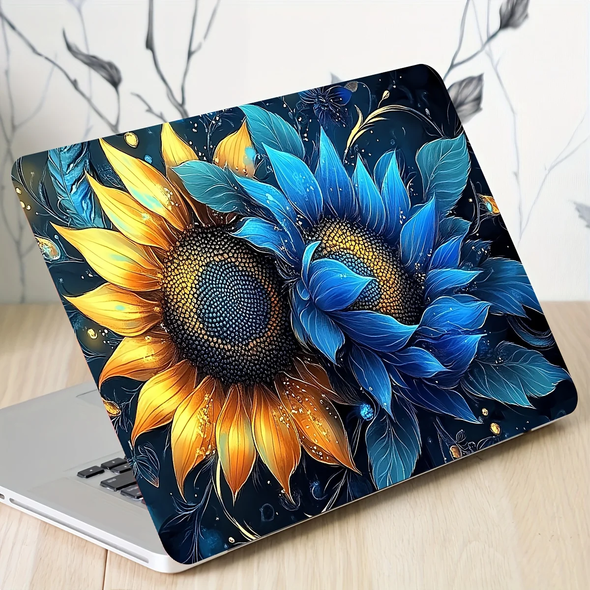 2-Piece Sunflower Floral Pattern Vinyl Notebook Skin Sticker, Self-Adhesive Scratch Resistant Decal, Works on All Laptops
