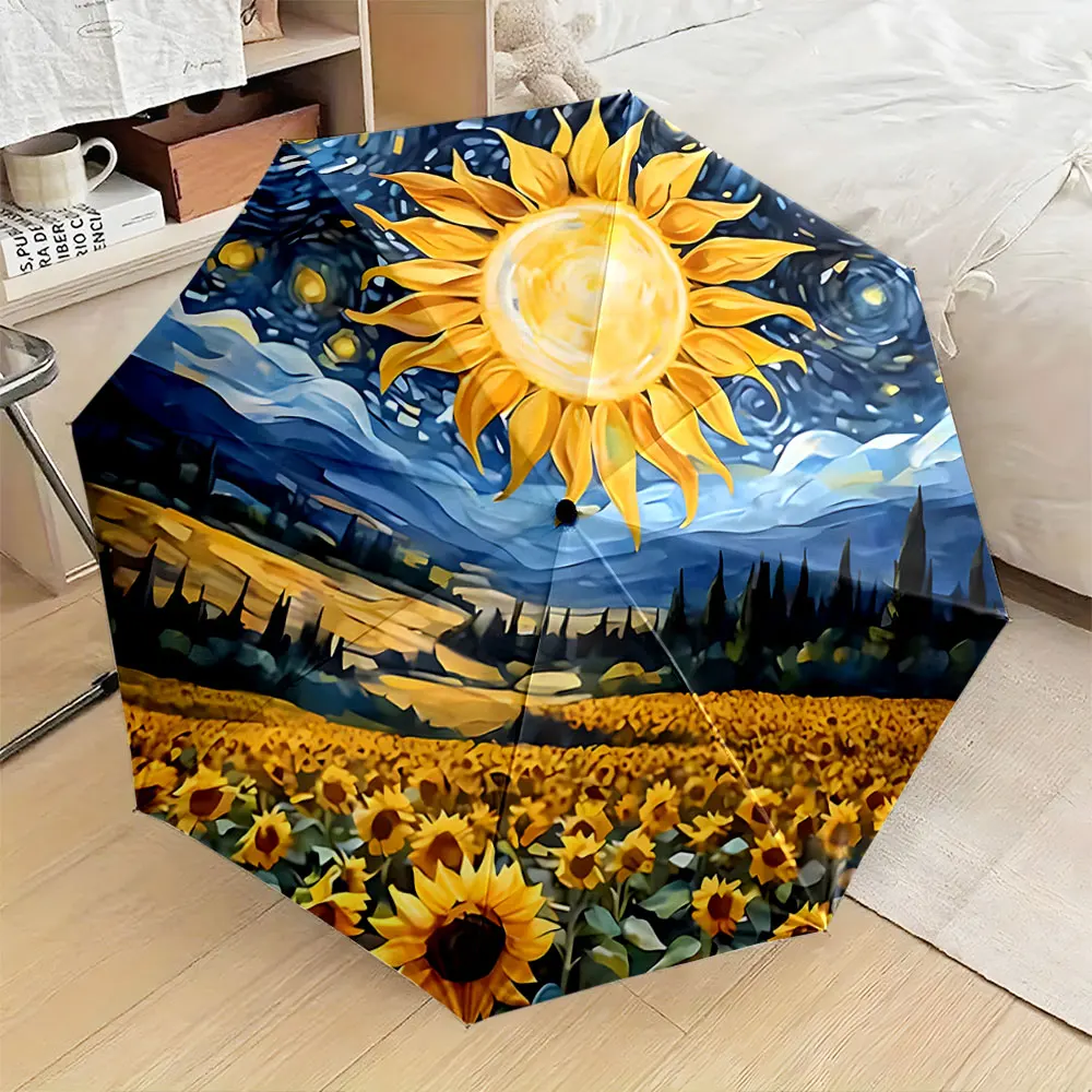 1PC Sunflower Field Artistic Umbrella Design Print 8 Iron Ribs Folding Umbrella Auto-Open Fashion Sunshade