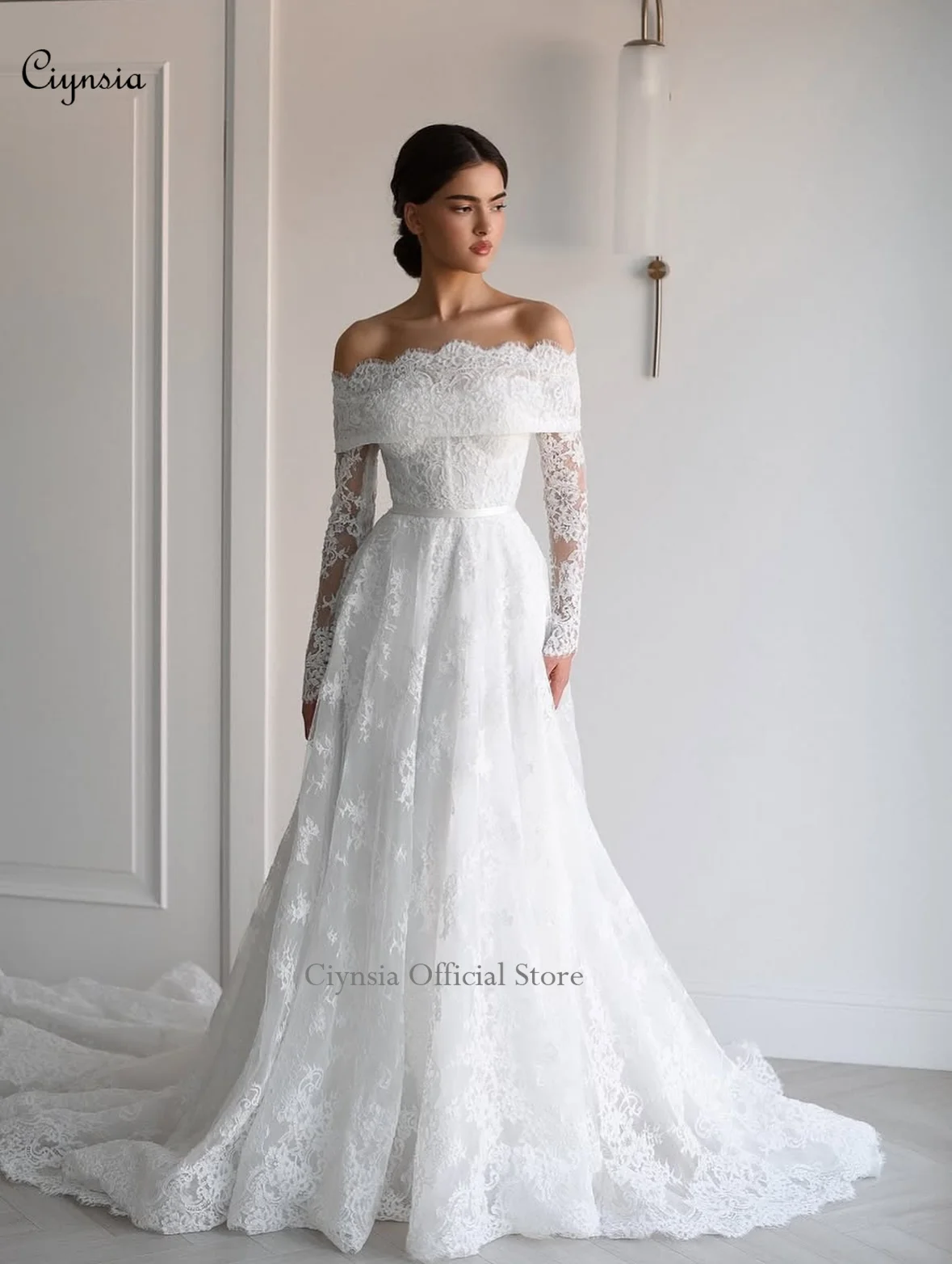 فساتين زفاف دانتيل مكشوفة الكتف وأكمام طويلة على شكل حرف A فساتين زفاف أنيقة للعرائس فيستدو دي نويفا حسب الطلب #6