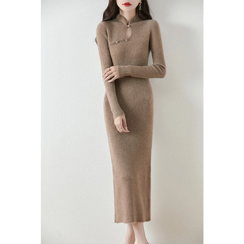 

Women Wool Dress Slim Long Sweater Autumn Winter 100% Merino Wool Knitwear Chinese Style Grace Slim Pullover Vintage Skirts