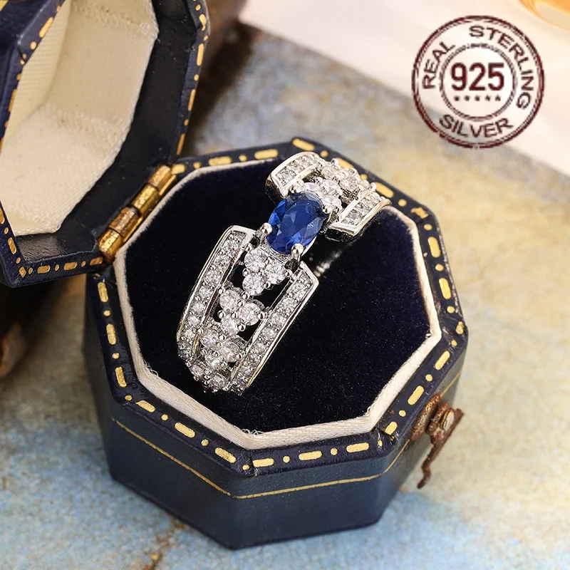 

Sparkling Lab Blue Sapphire Ring for Women 925 Sterling Silver Paraiba Tourmaline Solitaire Engagement Ring