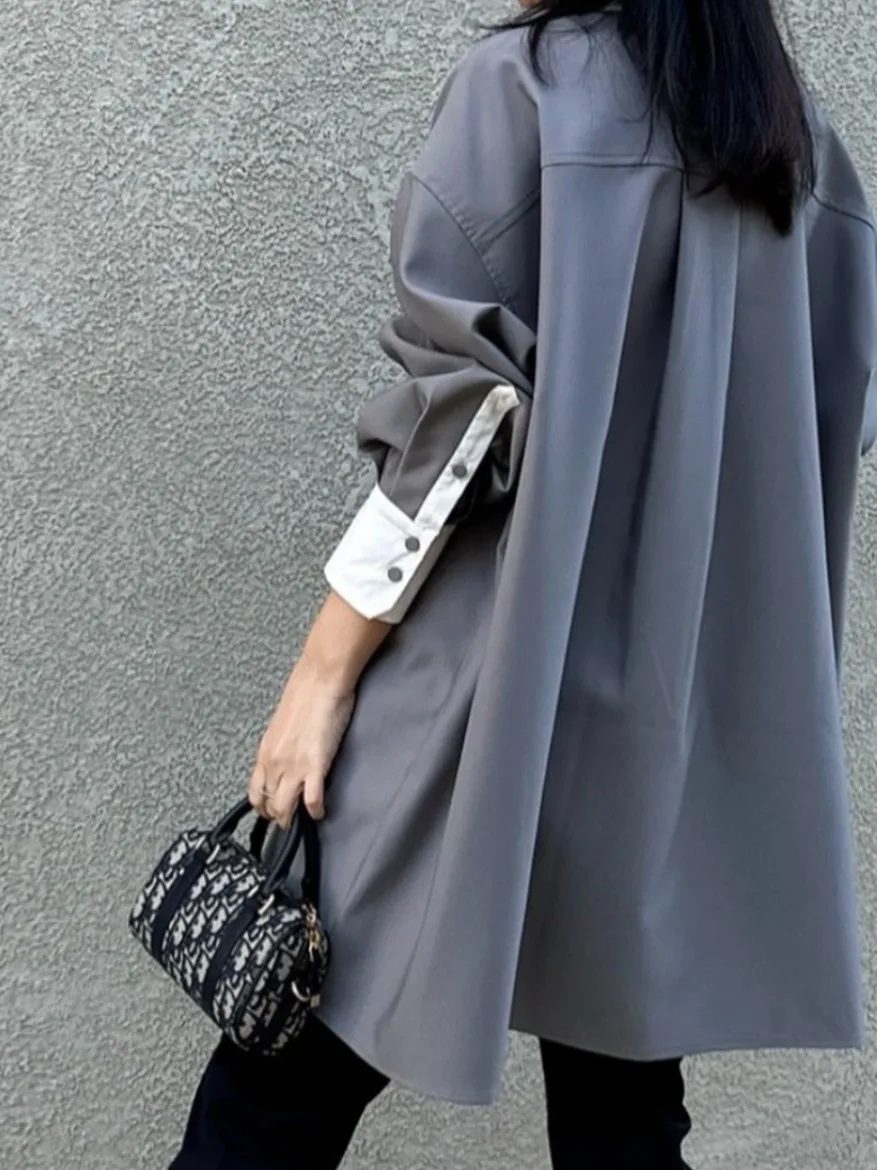 قميص نسائي أنيق للربيع بألوان متباينة وأكمام طويلة وتصميم فضفاض، ياقة عالية متعددة الاستخدامات، قميص طويل متوسط الطول للنساء #2