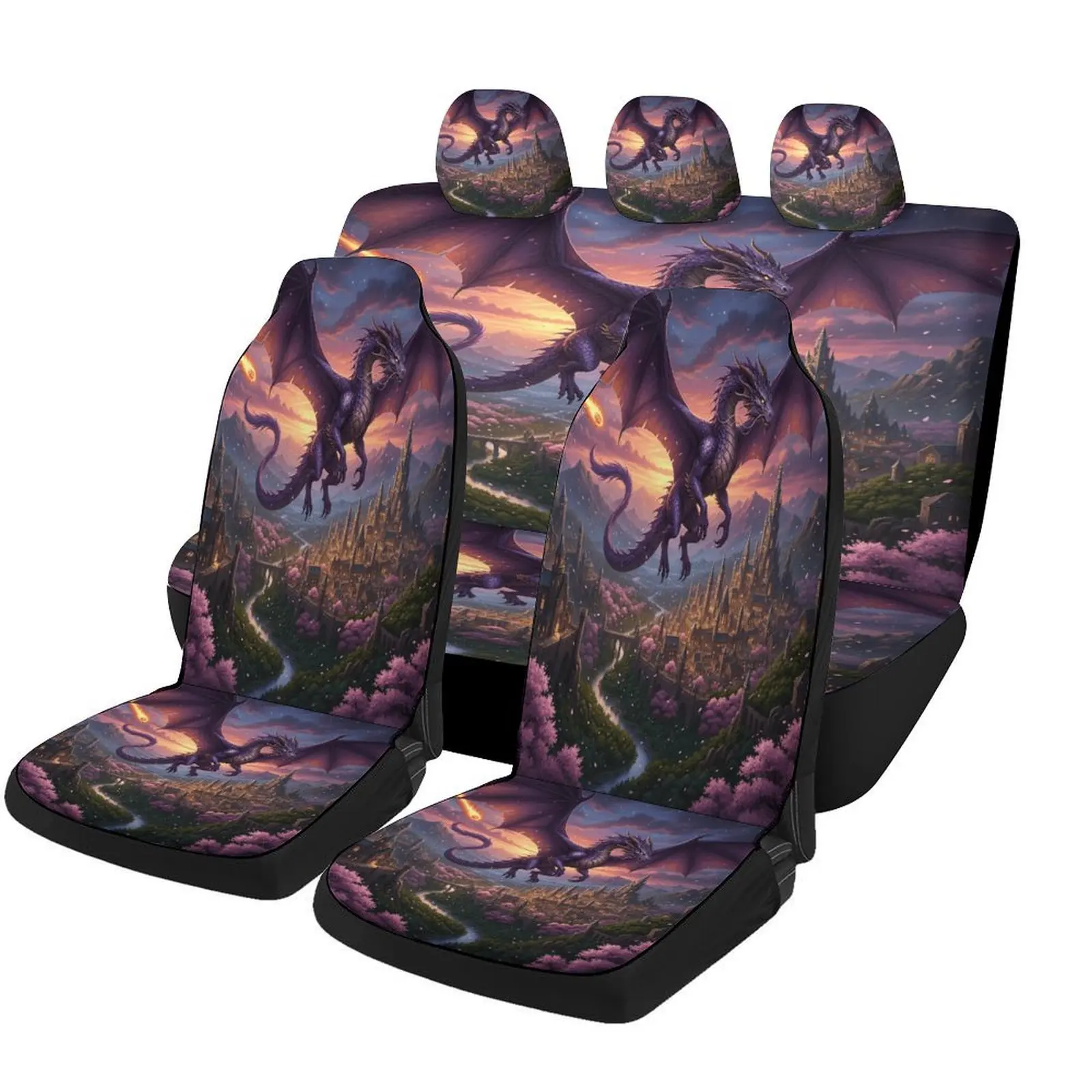 

Set Of Car Seat Covers Featuring A Purple Dragon Design Over A Castle, Suitable For Various Vehicles. Stylish And Breathable, Th
