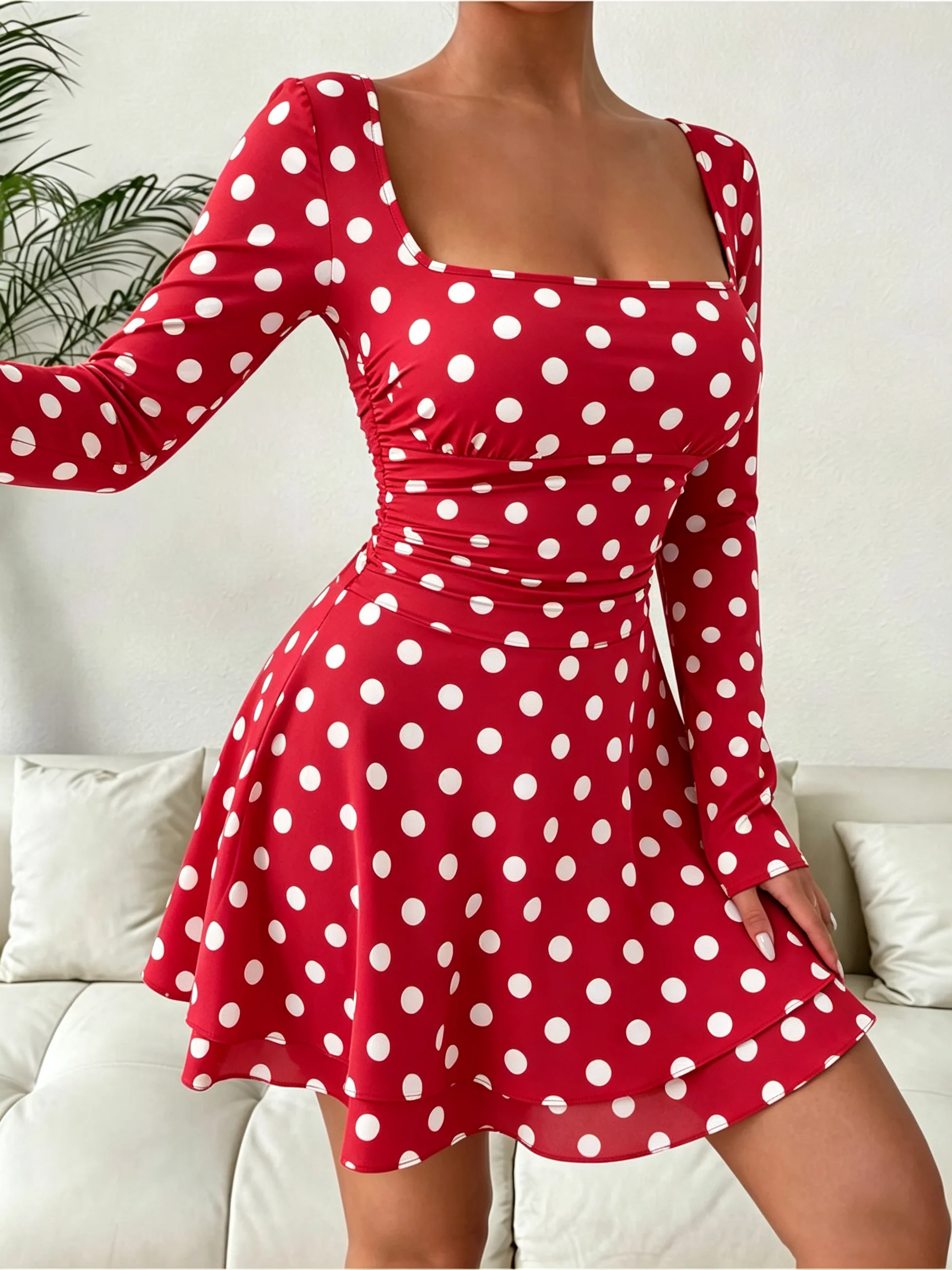 Herbstliches Polka-Dot-Print-Kleid mit quadratischem Ausschnitt, langen Ärmeln, tailliertem Schnitt, A-Linie, Minirocklänge, sexy und modisch. – Detail 6