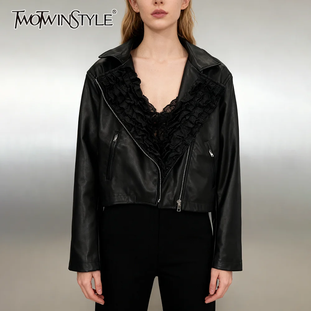 

TWOTWINSTYLE однотонные сращенные оборки со складками модные куртки для женщин с лацканами и длинными рукавами в стиле пэчворк на молнии кожаная куртка женская