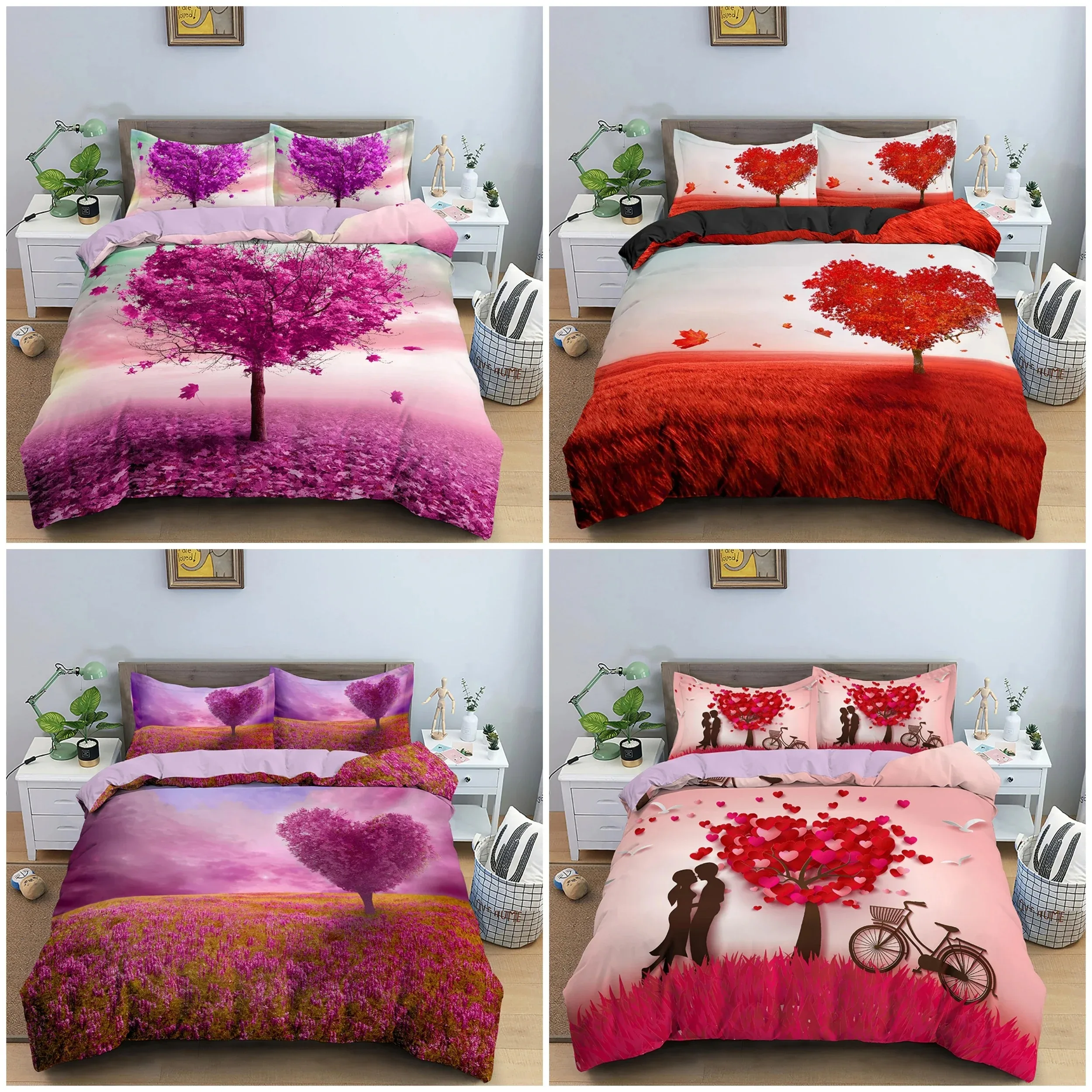 

Heart-shaped Tree Bedding Set Soft Quilt Cover Romantic Style Duvet Cover Set Full Queen King for Bedclothes Valentine's Day