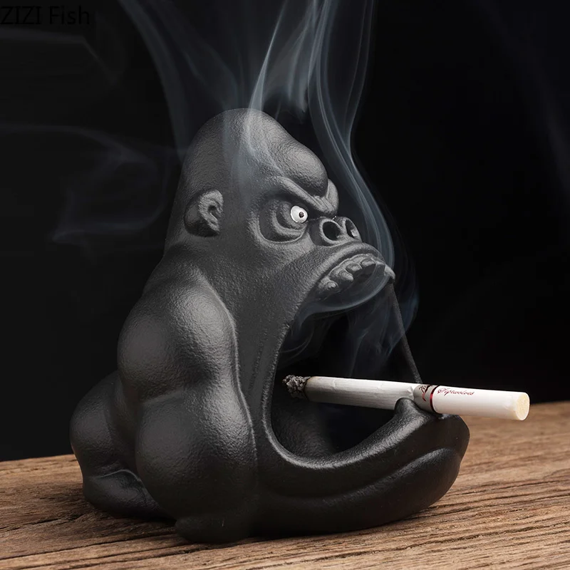 Ceramic Cartoon Animal Ashtray Orangutan Anti-ash Car Large Capacity Ashtray Living Room Office Decoration Gift for Boyfriend