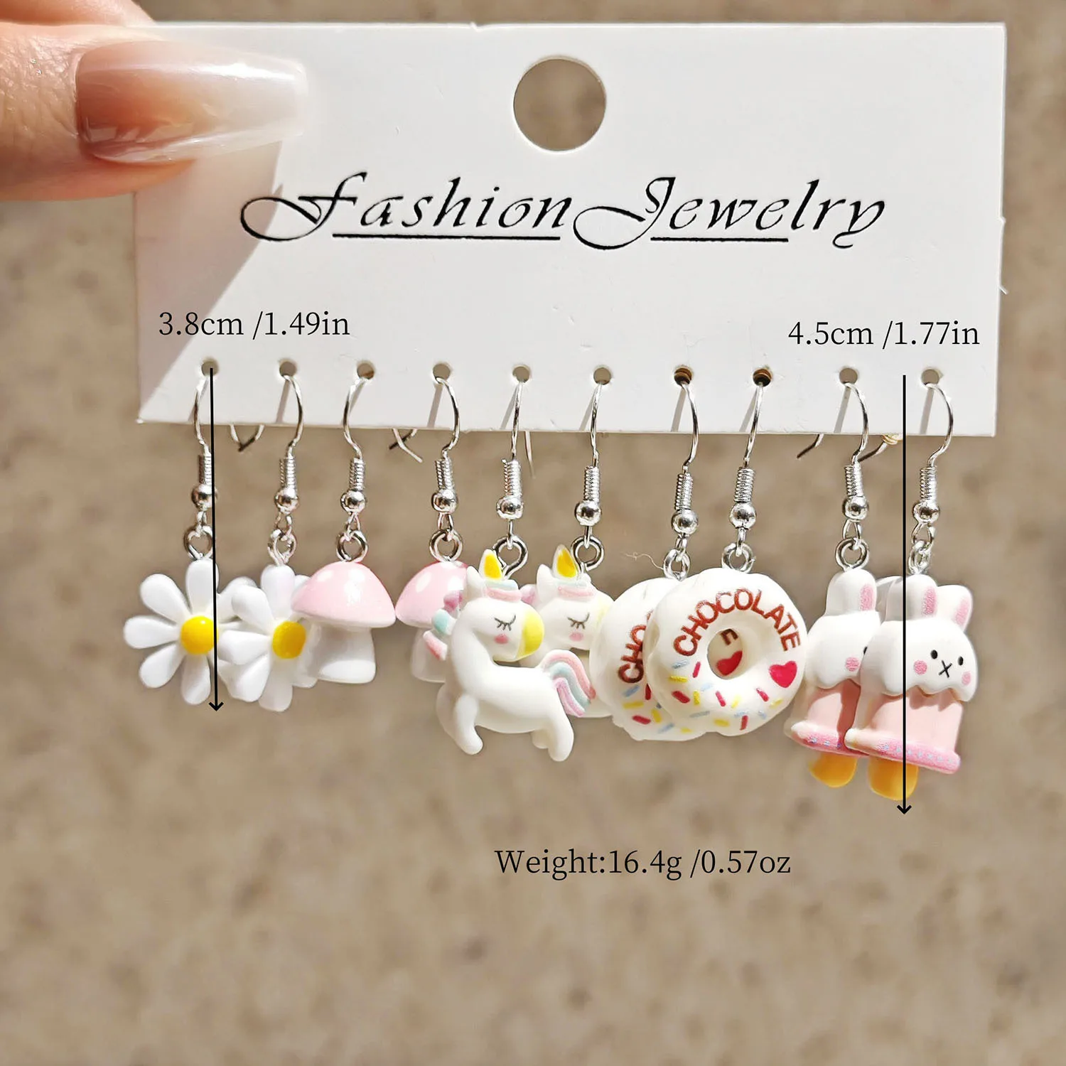 Cross border fashion cartoon animal white horse daisy resin simulation food donut earrings white set