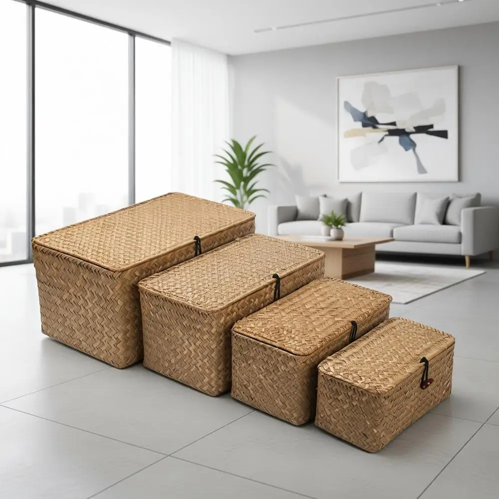 

Natural Seagrass Woven Basket with Lid for Storage and Organization