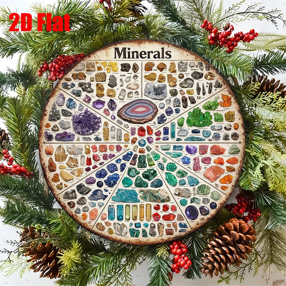 Vintage Mineral Guide Round Aluminum Wall Art, Waterproof Metal Sign for Study Office Living Room Decor Gift