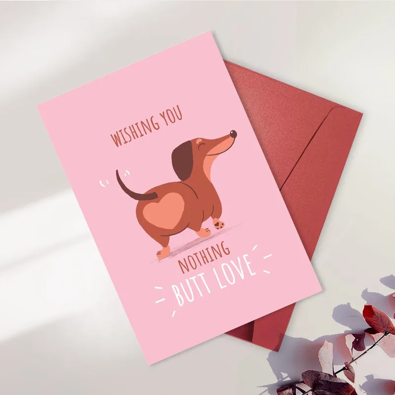 1pcs Fun Sausage Dog Greeting Card Valentine's Day Birthday with Envelope Funny Text Blessing Card Fun Gift Decorate Art Cards