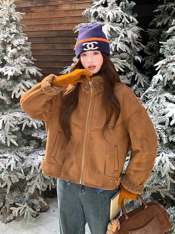 카라멜 색상 양털 자켓 여성용 가을 겨울 2025 신상 염색된 사슴 가죽 벨벳 코튼 코트 따뜻한 출퇴근용...