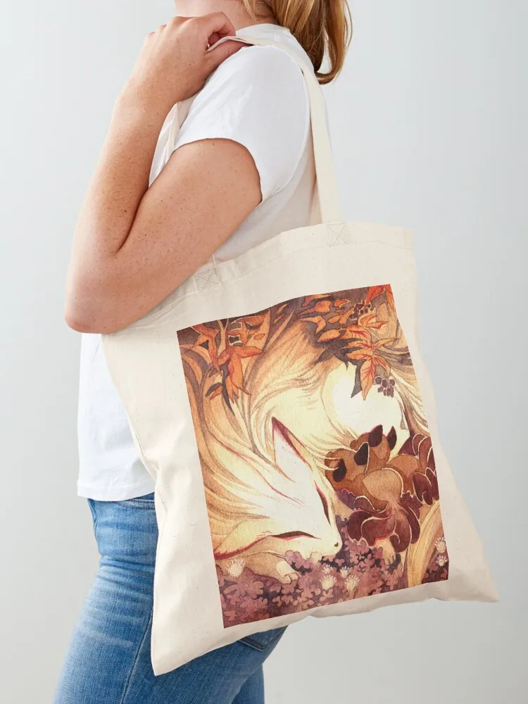 

Ninetailed Kitsune Fox with Kits Tote Bag custom tote bag canvas tote shopping cart bags reusable grocery bags