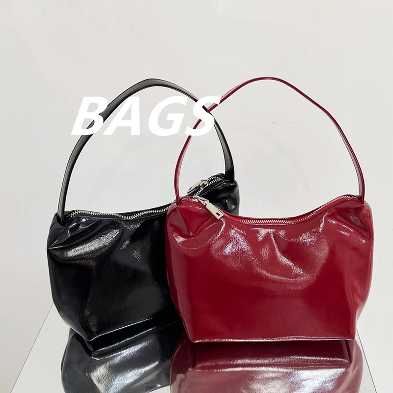 

Korean Ins Retro Temperament Armpit Purses and Handbags Luxury Designer Patent Leather Shiny Red Shoulder Women