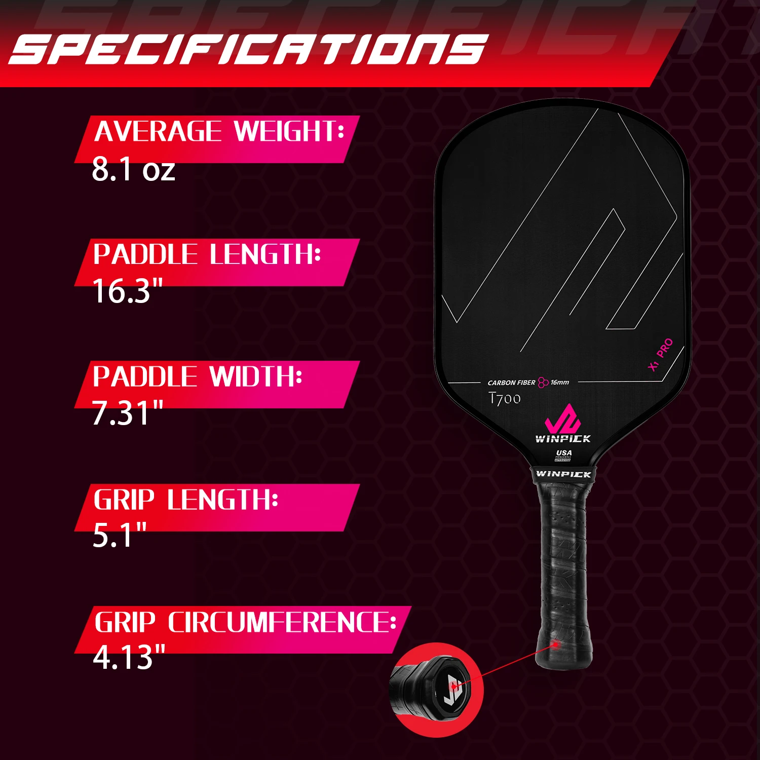 Winpick Pickleball Paddle Thermoformed Raw Carbon Fiber USAPA Approved T700 for Spin and Control Comfort Grip Large Sweet Spot