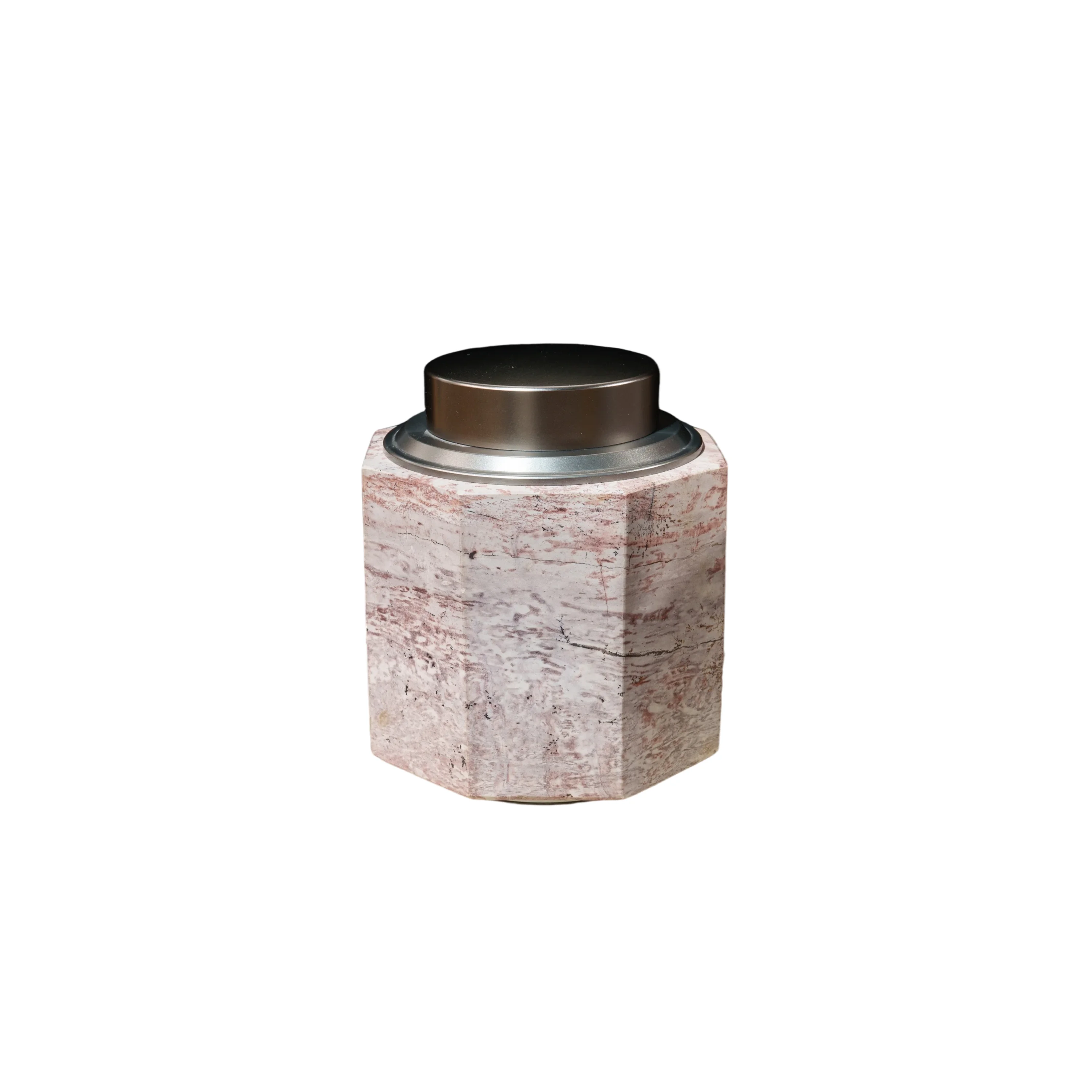 Hexagonal Chinese Painting Natural Stone Tea Canister with Metal Sealed Lid Airtight Tea Storage Jar for Home Decoration Gift