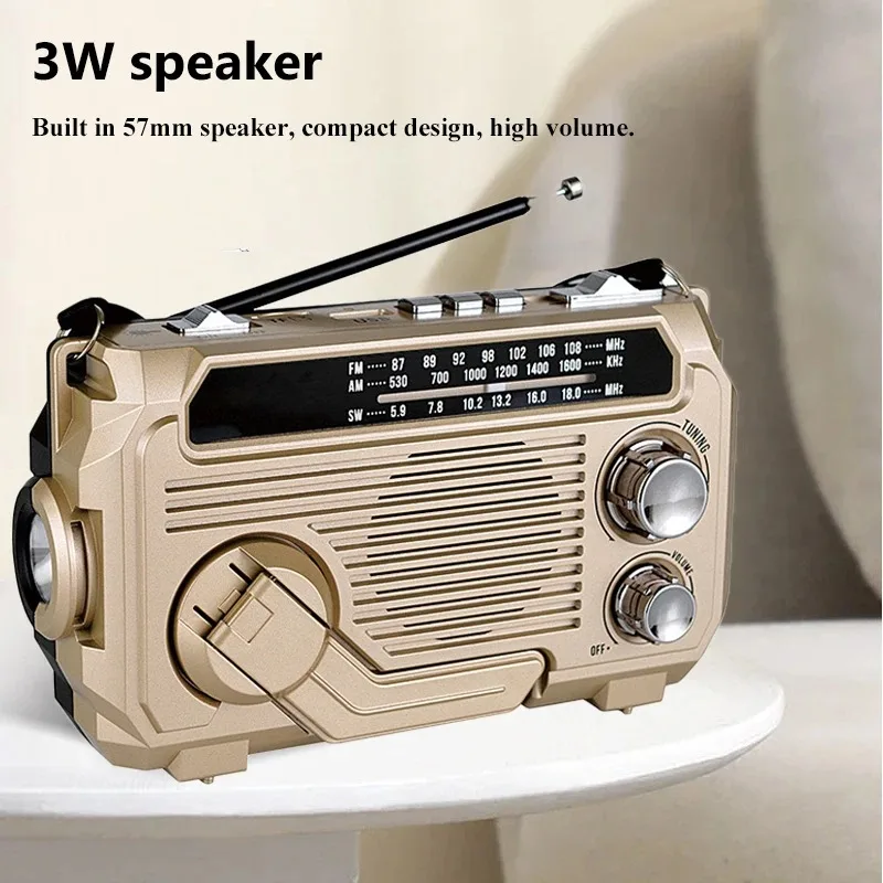 Portable FM AM SW Radio Solar Charging Emergency Radios Receiver Hand Crank Bluetooth 5.2 Speaker Music Player Support TF USB