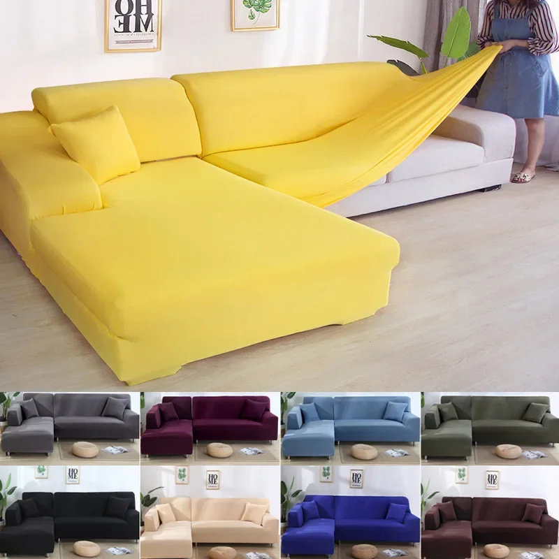 Solid Color Elastic Sofa Cover for L Shaped Sectional Corner Chaise Longue Sofa Stretch Couch Cover Slipcovers for Living Room