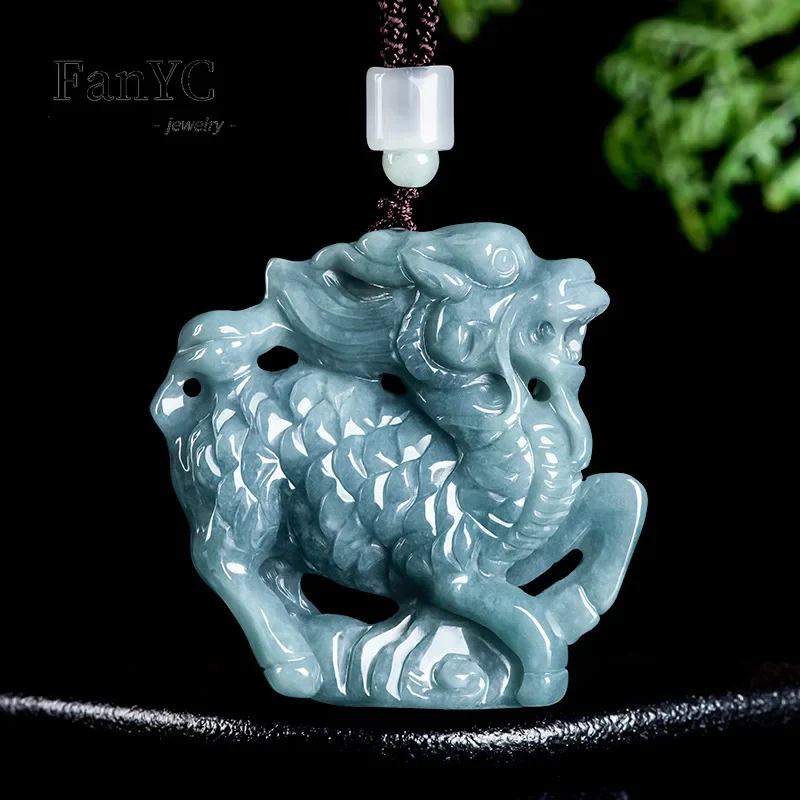 Natural Jadeite Blue Water Three-dimensional Kirin Send Fu Ice Kind of Jade Money Pendant for Men and Women Lucky Talisman Gift