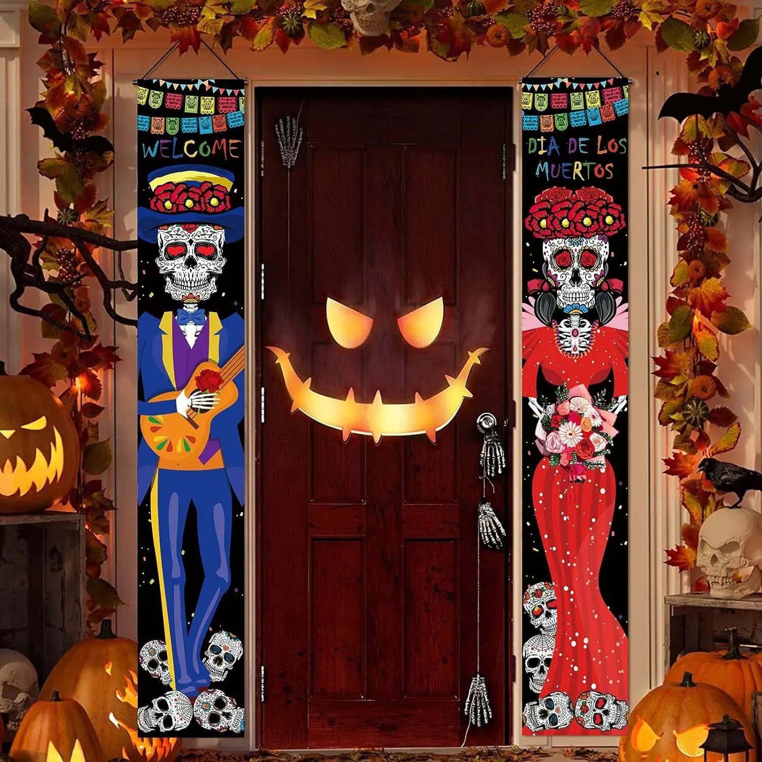 

2 Pieces Day of The Dead Porch Sign Skull Hanging Door Banner Background Halloween Party Wall Decorations