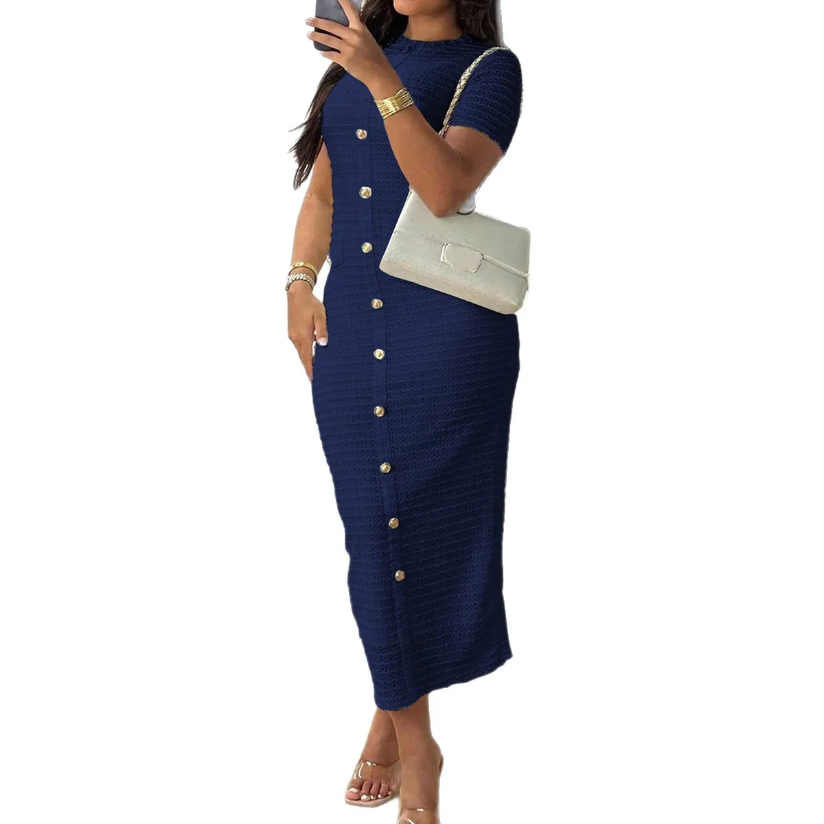 

Women's Ribbed Knit Square Neck Y2K Dress Elegant Buttons Wrap HIPS Outfits Dress Back Split Casual Long Dresses