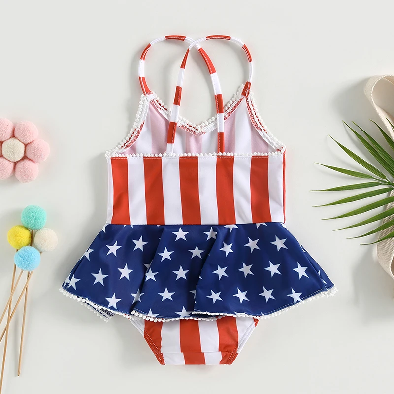 Girls Patriotic Sleeveless V Neck Cutout Romper Swimsuit American Flag Print Beach Pool Bodysuit Swimwear Short Romper for