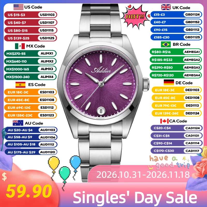 ADDIES Purple Ladies Quartz Watch Date Display BGW9 Luminous Women's Stainless Steel Wristwatches Sapphire Glass Luxury Watches