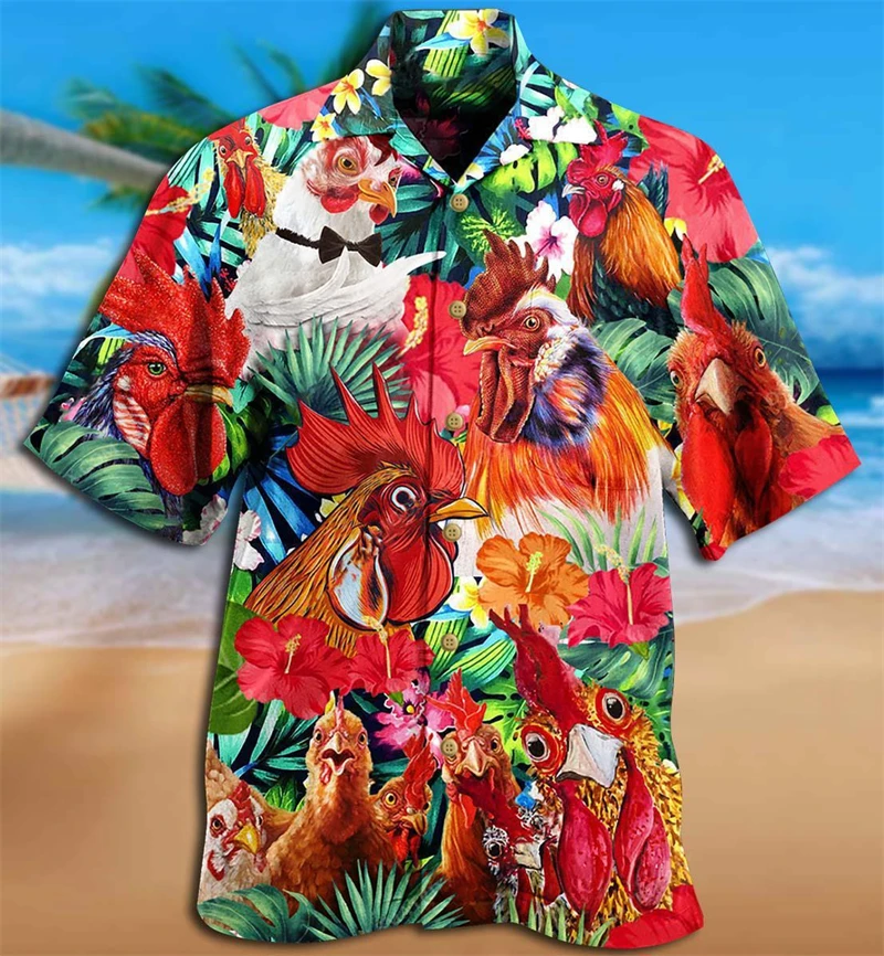 Newest Loose Breathable 3D Print Trendy Cool Fashion Chicken Shirts Beach Hawaiian Top Short Sleeves Summer Men\'s Shirts Men Tee