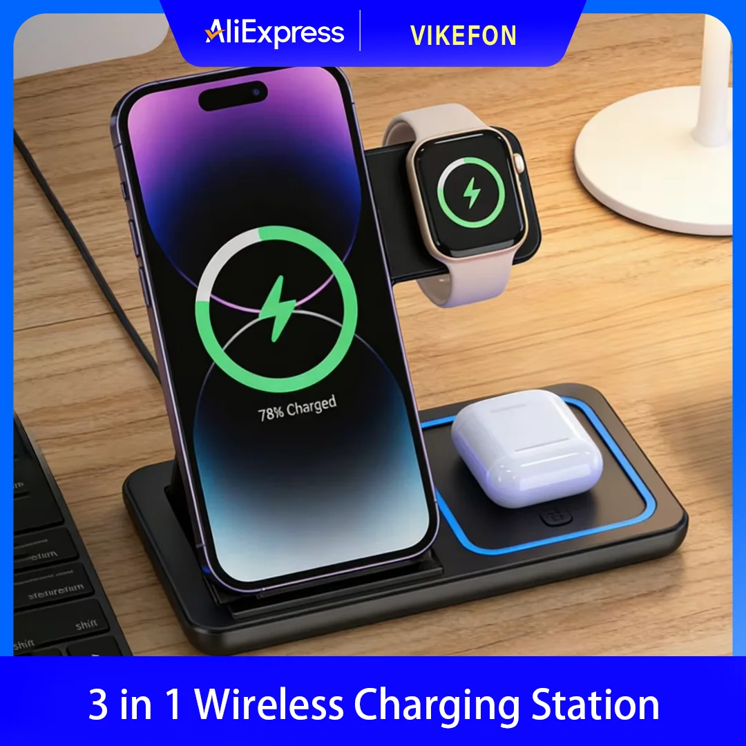 Foldable 3 in 1 Wireless Charging Station for iPhone 17 16 15 14 13 12 Pro Max iWatch 11 Airpods Pro 4/3 Fast Charger Stand Dock