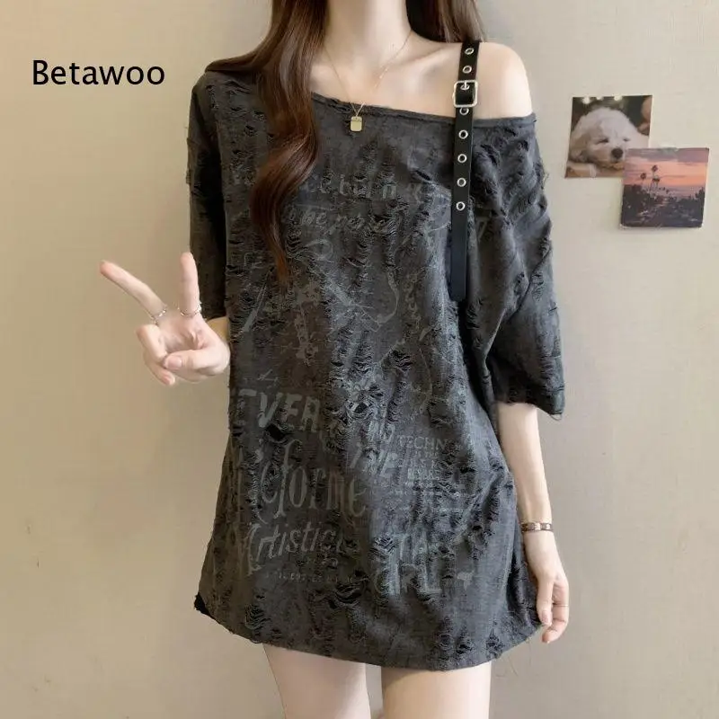 Women Distressed Fringe Textured Off Shoulder T Shirt Letter Print Half Sleeve Loose Slouchy Casual Tee Top for Daily