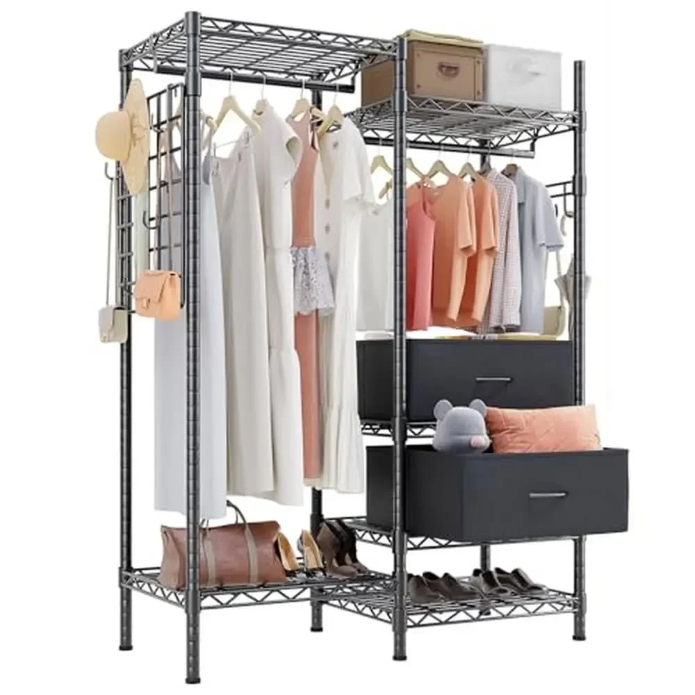 

Adjustable Heavy Duty Clothes Rack with Drawers Hanging Rods Shoe Shelf 1200LBS Load Capacity Portable Wardrobe Closet Storage