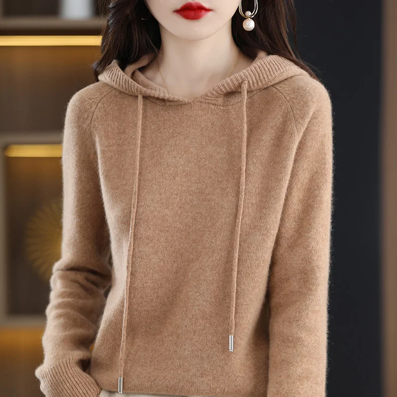 Spring Autumn 2023 Women's Cashmere Hoodie Knitted Sweater Thickened Casual Base Shirt Korean Style Long Sleeve Straight Cut
