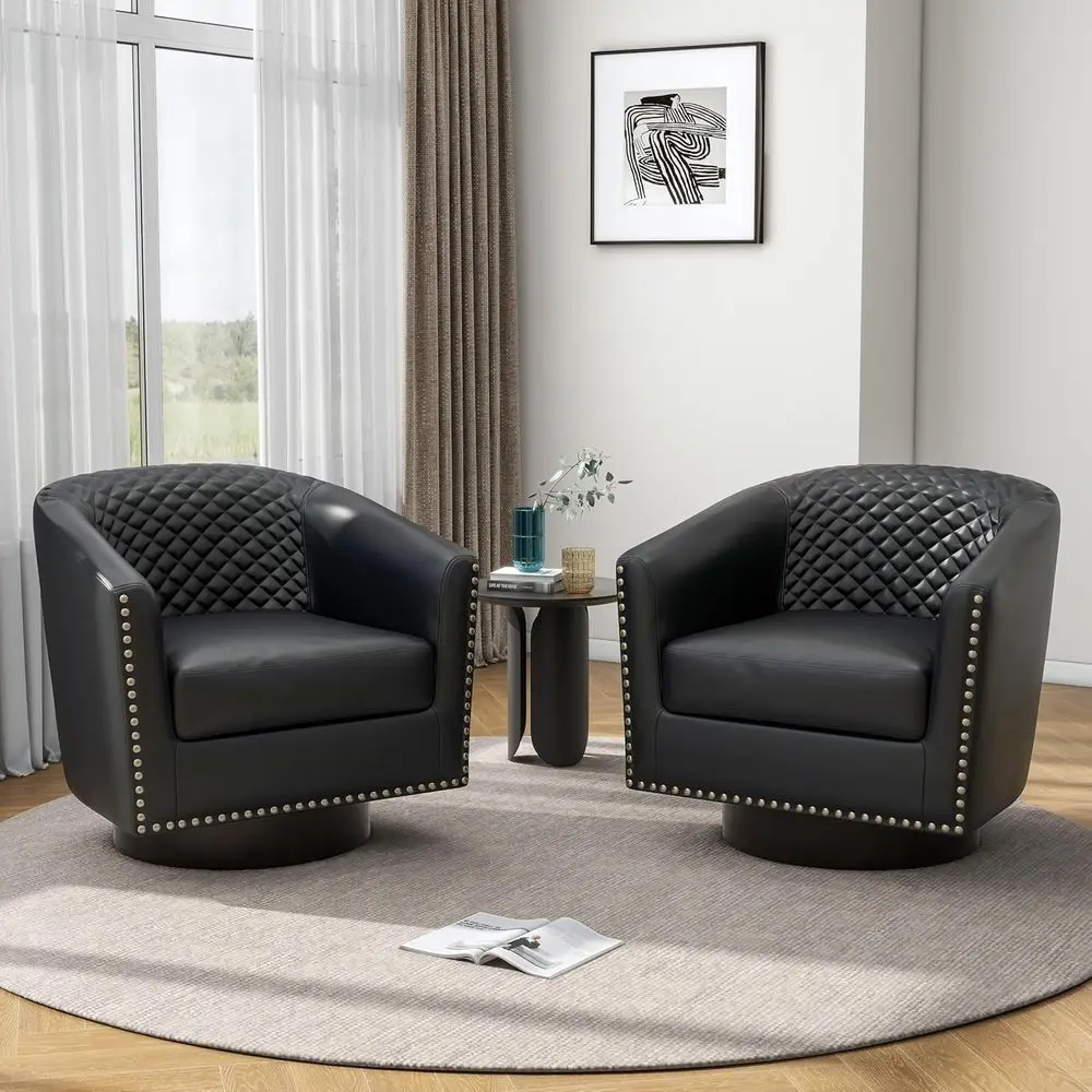 

Комплект из 2 кожаных вращающихся кресел-бочонков, 360 градусов ° Поворотные комфортабельные мягкие кресла для гостиных/кабинетов, черные