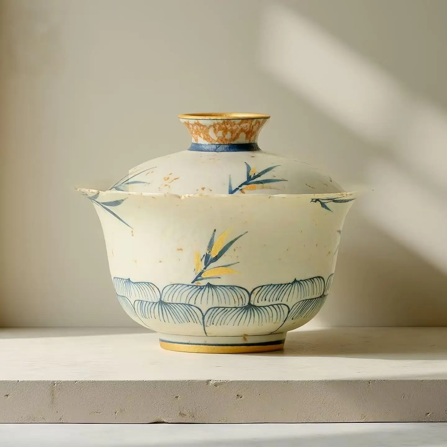 

Caramel glaze hand-painted bamboo antique-style ceramic lid bowl,tea set for home use, flower-mouth lid bowl for brewing tea a