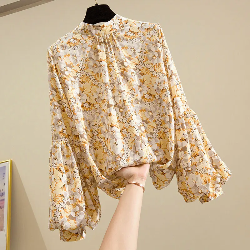 Yellow Floral Print Vintage Chiffon Stand Collar Lantern Sleeve Pullover Women\'s Blouse Shirt Female Tops Woman Clothing Fashion